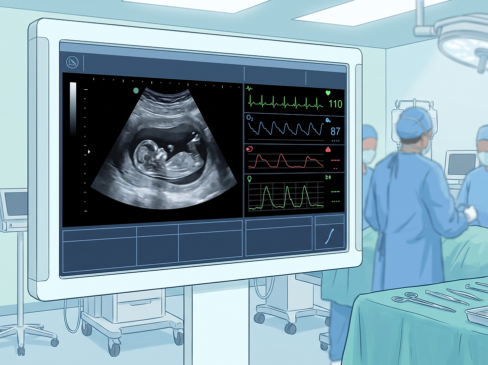 Illustration of the specialized monitoring required during prenatal surgical procedures