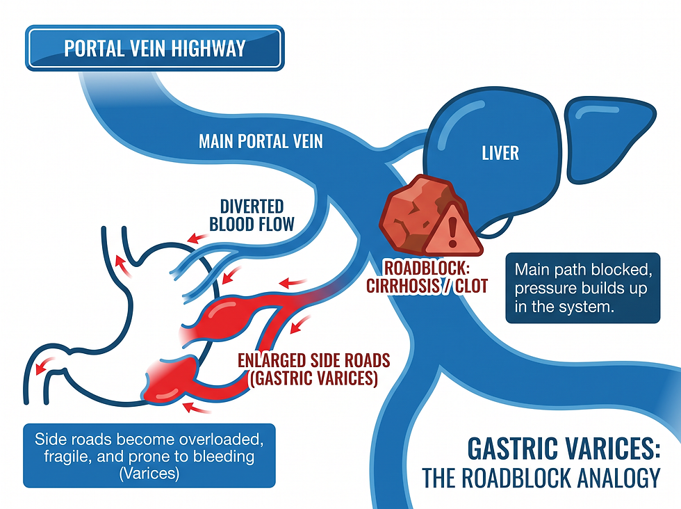 Gastric Varices Overview: Portal Hypertension and the Detour Analogy Infographic