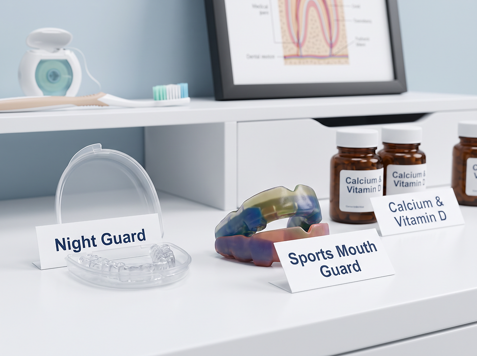 Preventive dental items including a night guard, a sports mouth guard, and calcium and vitamin D supplements