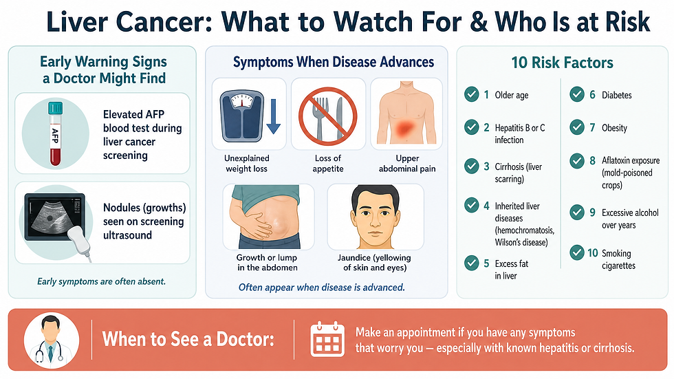 Infographic showing early warning signs a doctor might find (elevated AFP blood test, nodules on screening ultrasound), five symptoms of advanced disease (weight loss, loss of appetite, upper abdominal pain, abdominal lump, jaundice), a checklist of ten risk factors, and a banner advising readers to see a doctor for any worrying symptoms, especially with known hepatitis or cirrhosis.