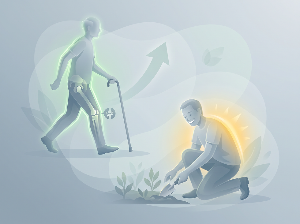 A person walking with improved mobility and a person gardening with reduced pain after successful treatment