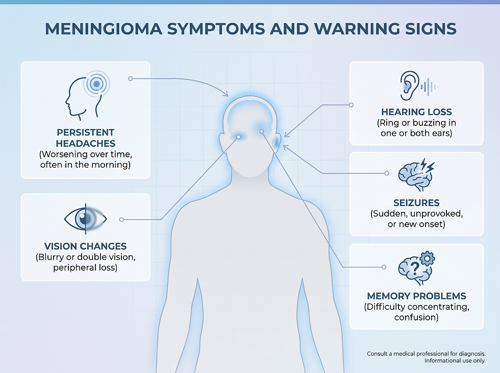 Infographic of meningioma symptoms and warning signs: persistent headaches, vision changes, hearing loss or ringing in the ears, seizures, and memory problems.