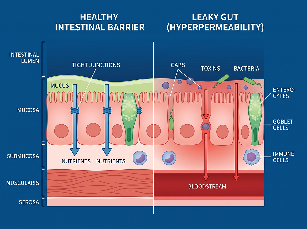 Comparison of a healthy intestinal barrier versus hyperpermeability (leaky gut) showing gaps that allow toxins and bacteria into the bloodstream.