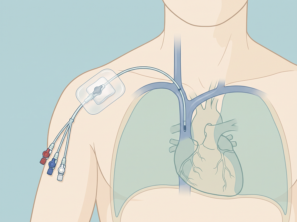Illustration of a non-tunneled central venous catheter entering the upper chest and ending near the heart, with three colored access lines