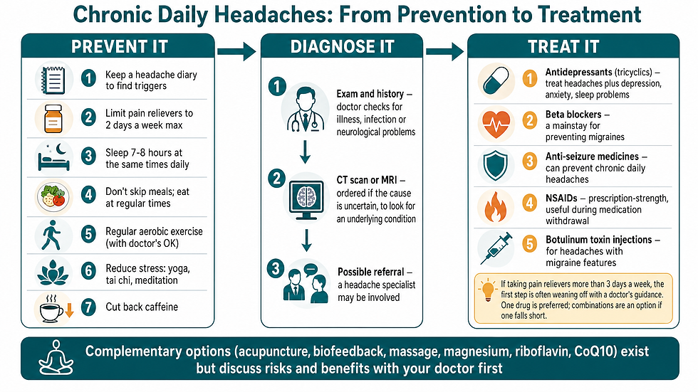 Flowchart of the chronic daily headache pathway in three stages: prevention, diagnosis, and treatment.