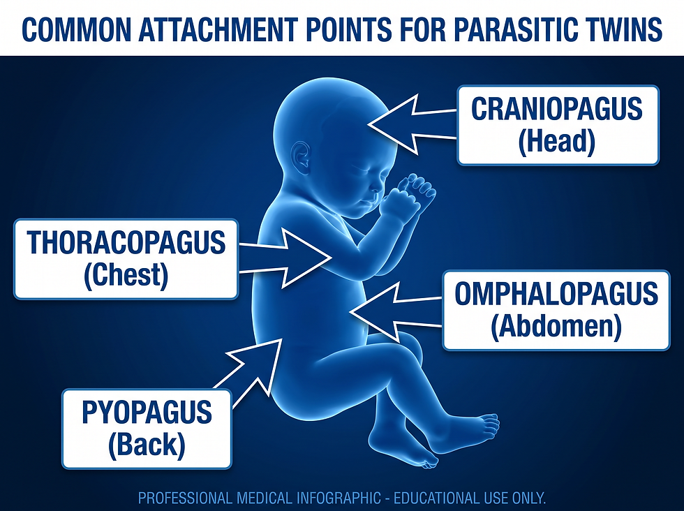 Medical diagram of common attachment points for parasitic twins: head, chest, abdomen and back
