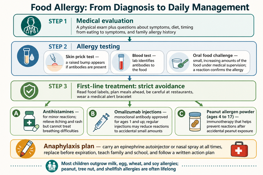 Food allergy diagnosis and treatment pathway: exam and testing confirm the trigger, strict avoidance is the first-line treatment, with medicines for minor reactions and an epinephrine plan for anaphylaxis.