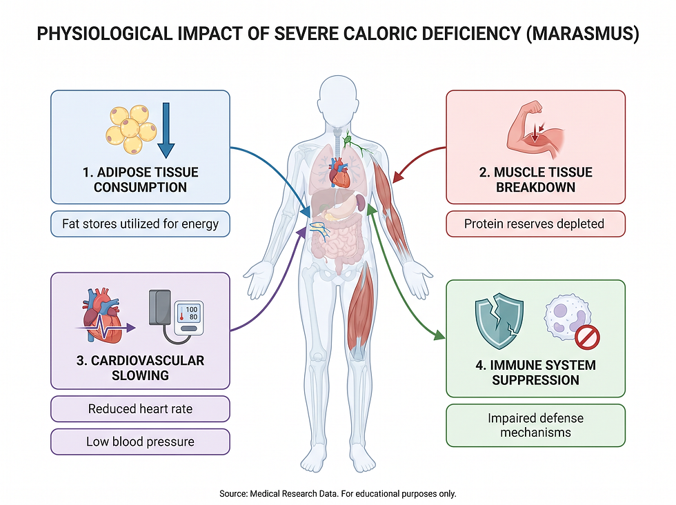 A professional diagram illustrating how a total lack of calories forces the body to feed on its own fat and muscle, eventually leading to slowed cardiac activity and immune suppression.