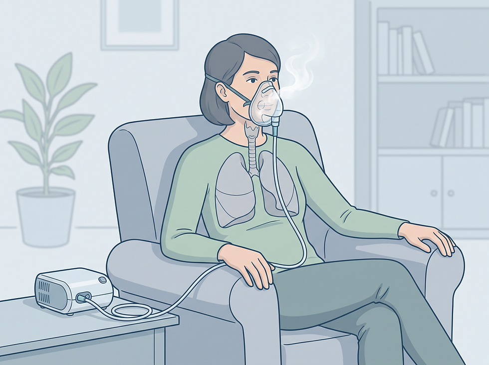 Person sitting upright and using a nebulizer mask correctly, showing proper posture for effective medication delivery