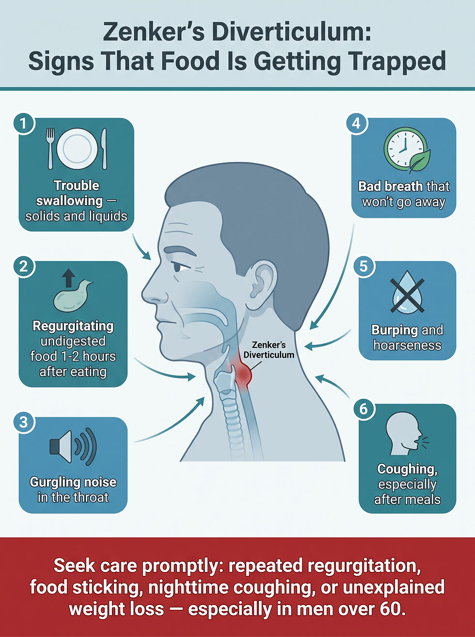 Zenker's diverticulum six-symptom overview infographic with a throat-profile figure, numbered symptom badges, and a red seek-care-promptly alert band