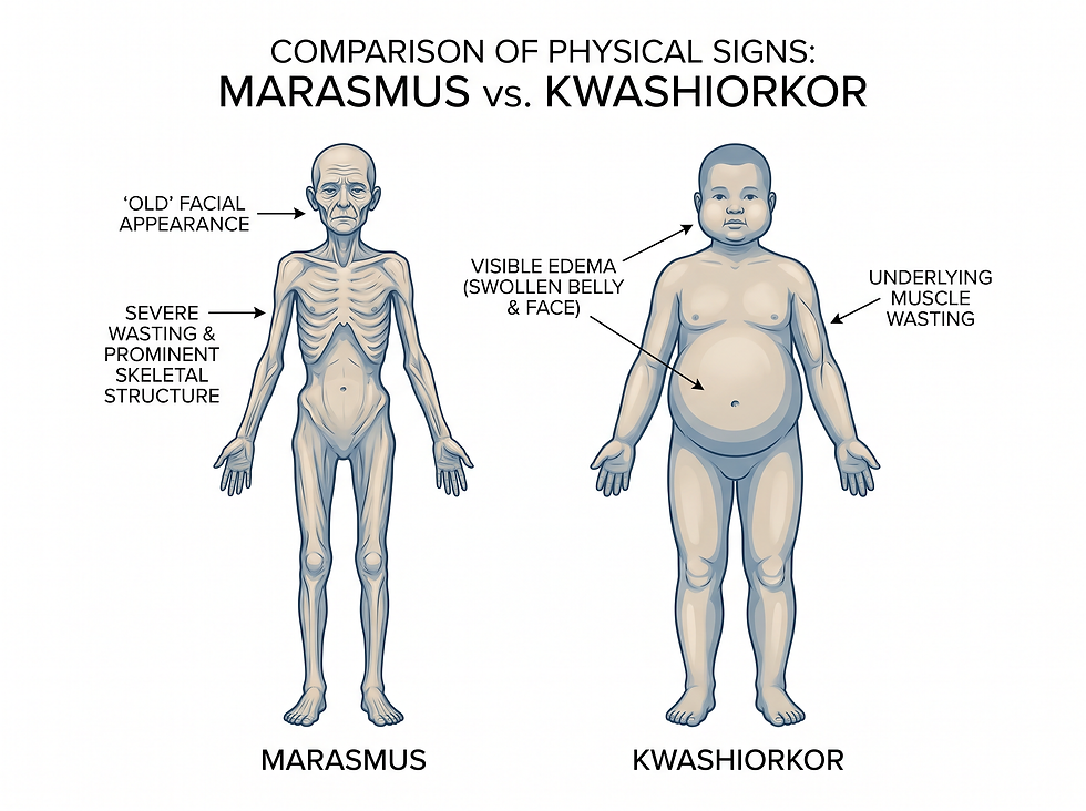 A medical illustration comparing the physical signs of marasmus, such as severe wasting and a shriveled appearance, with the edema and abdominal swelling characteristic of kwashiorkor.