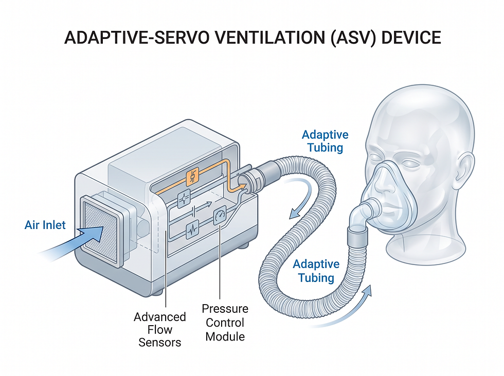 Diagram of an adaptive-servo ventilation (ASV) machine showing the air inlet, advanced flow sensors, pressure control module, and mask tubing