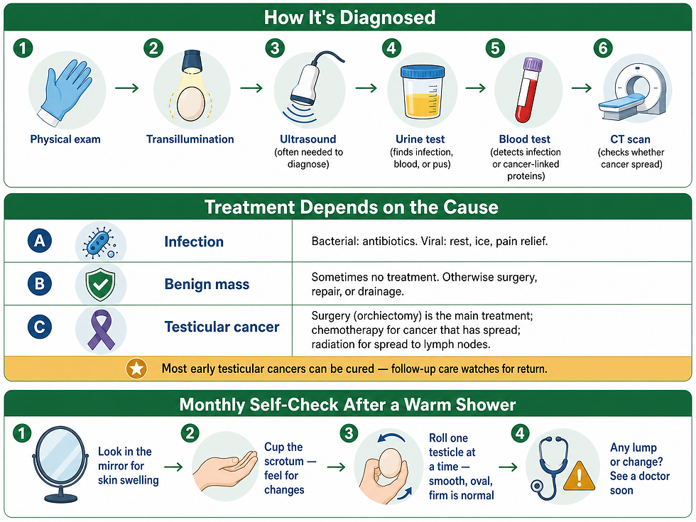 How a scrotal mass is diagnosed and treated, and the monthly self-exam routine: the diagnostic steps, the treatment paths by cause, and the self-check steps after a warm shower.