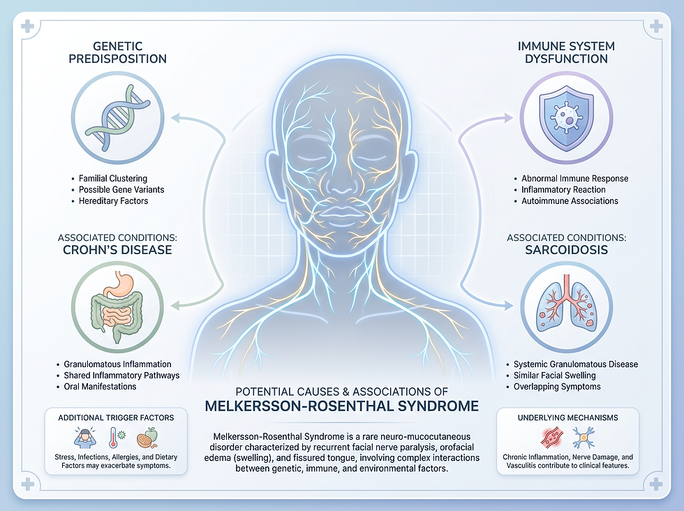 Infographic of potential causes and associations of Melkersson-Rosenthal syndrome, including genetic predisposition, immune system dysfunction, associated Crohn’s disease and sarcoidosis, and trigger factors such as stress, infections, allergies, and diet.