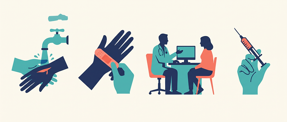 Four-panel strip of bite first aid: washing a wounded hand under a faucet, applying a bandage, a doctor talking with a patient, and a tetanus shot syringe