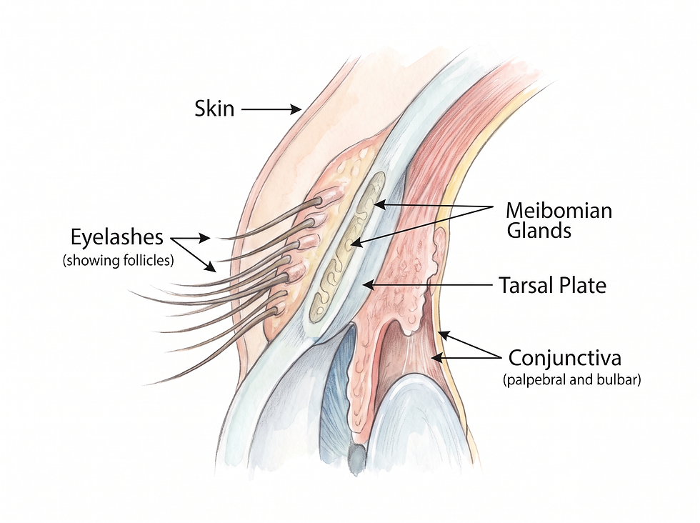 A detailed medical illustration showing the layers and internal structures of the human eyelid
