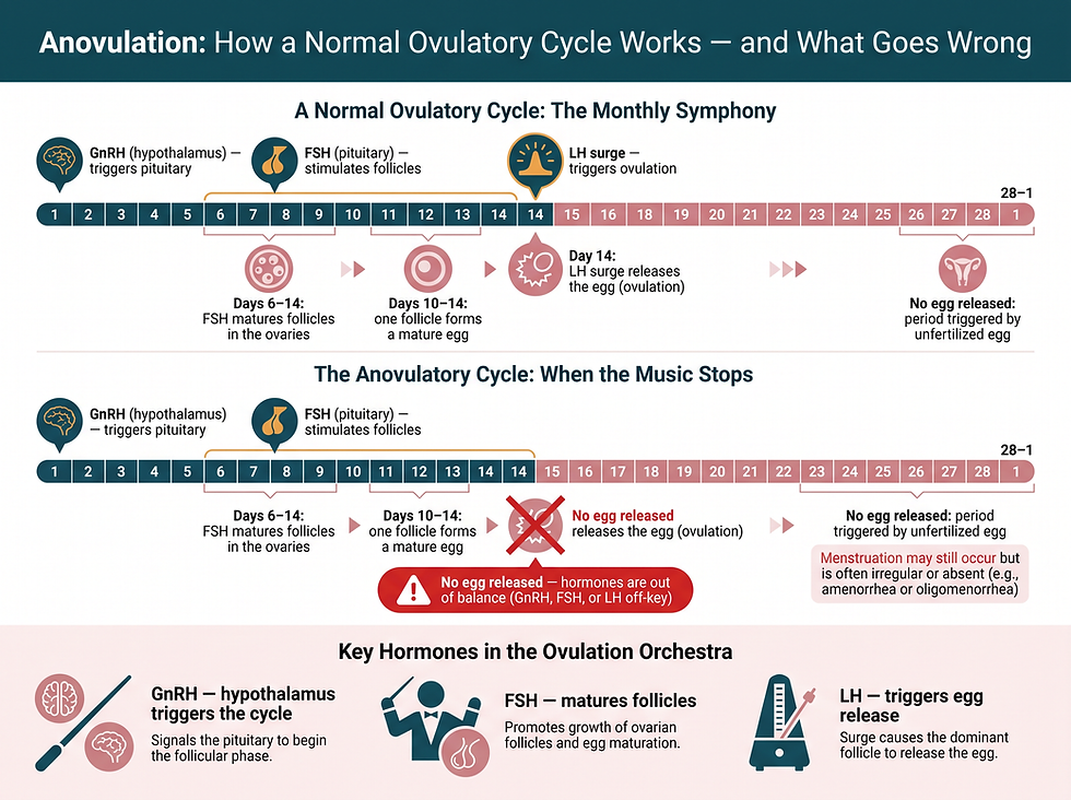 How a normal ovulatory cycle works and what happens in an anovulatory cycle