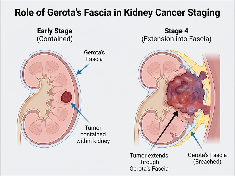 Role of Gerota’s fascia in kidney cancer staging: a tumor contained within the kidney versus a Stage 4 tumor extending through the fascia.