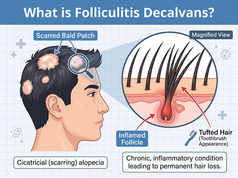 What is folliculitis decalvans: scarring alopecia with bald patches and tufted hair emerging from an inflamed follicle