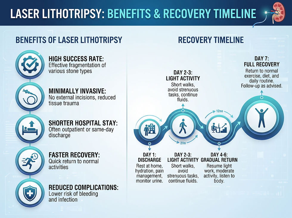 An infographic highlighting the benefits of laser lithotripsy, such as high success rates and minimal downtime, alongside a recovery timeline.