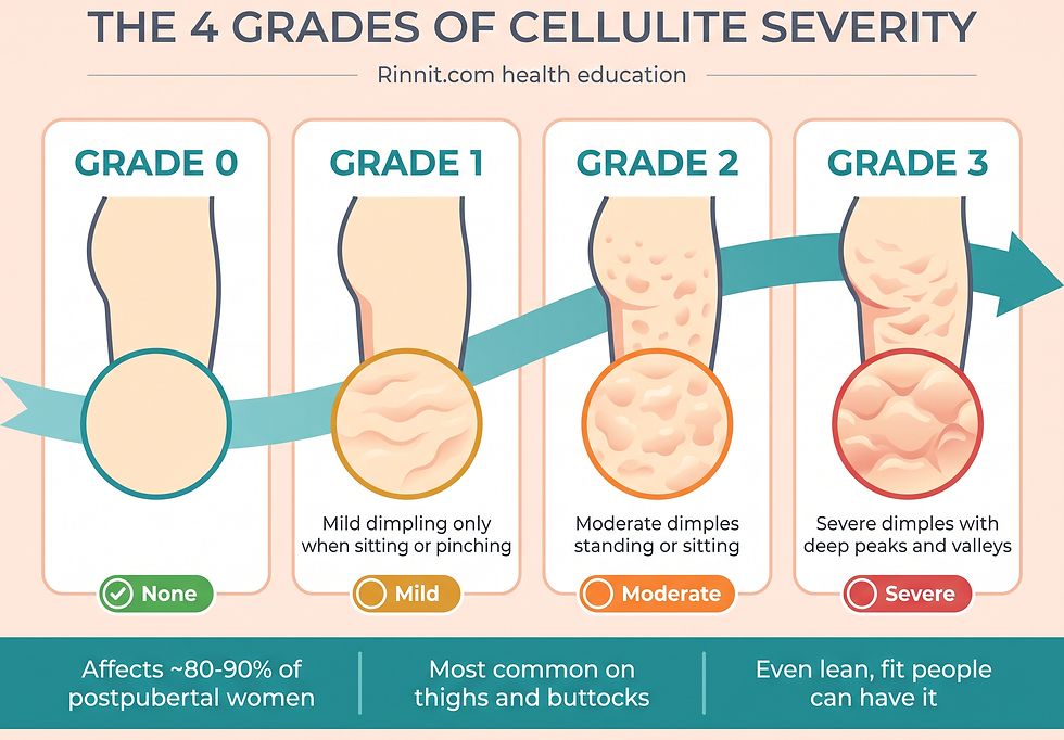 Infographic of the four cellulite severity grades: Grade 0 no dimpling, Grade 1 mild dimpling only when sitting or pinching, Grade 2 moderate dimples standing or sitting, Grade 3 severe dimples with deep peaks and valleys