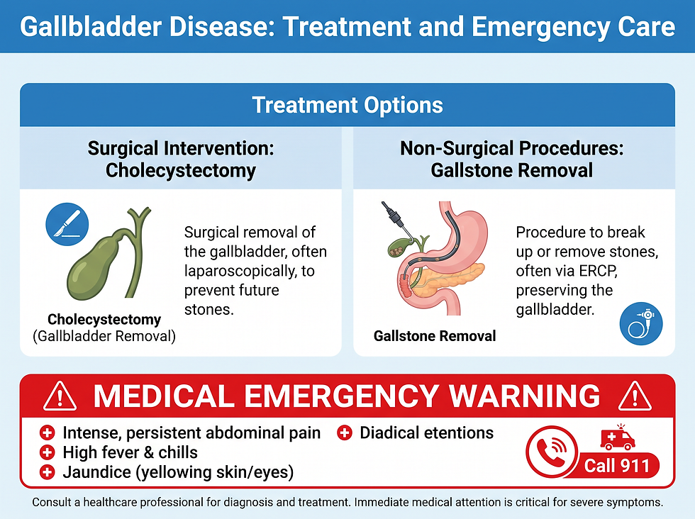 Gallbladder Disease Treatment and Emergency: Overview of cholecystectomy and stone removal; red emergency banner for gangrene and perforation