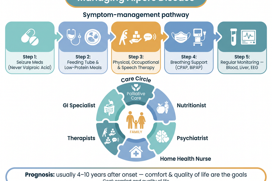 Alpers disease treatment and support pathway: symptom management steps, regular monitoring cycle, and the care team circle from therapies to palliative support