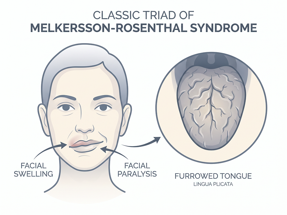 Illustration of the classic triad of Melkersson-Rosenthal syndrome: swelling of the lips, facial paralysis, and a furrowed tongue (lingua plicata) shown in an enlarged inset.