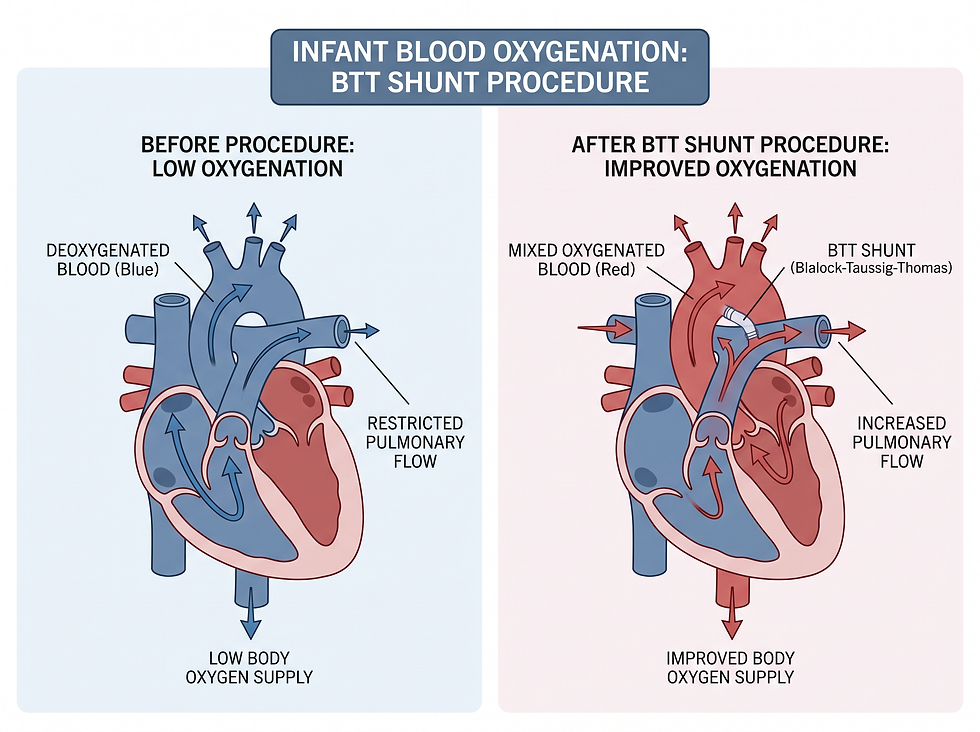 Comparison of heart function and blood oxygenation before and after BTT shunt placement