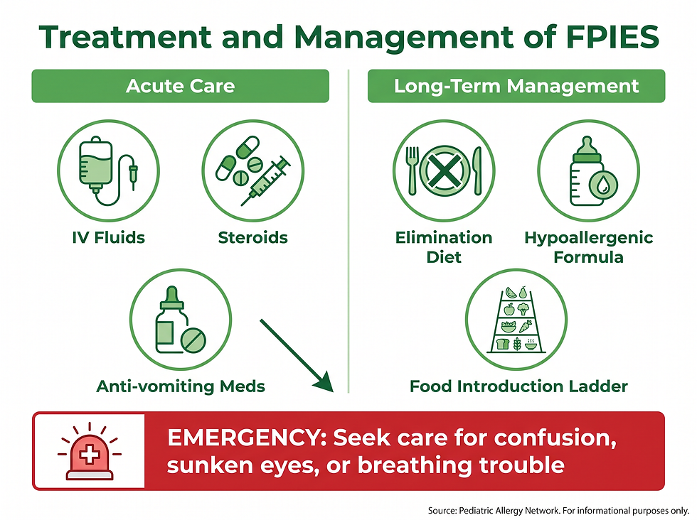 Treatment and management of FPIES: IV fluids, steroids and anti-vomiting medication for acute care, and elimination diet, hypoallergenic formula and food introduction ladder for long-term management