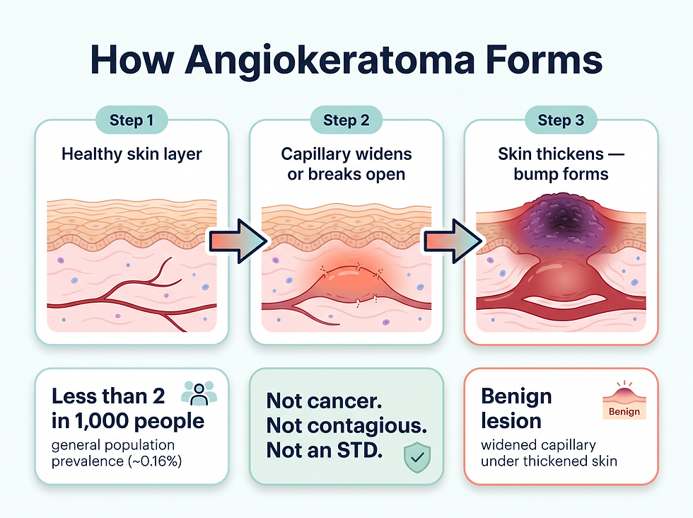 How angiokeratoma forms: a dilated capillary pushes into thickened skin