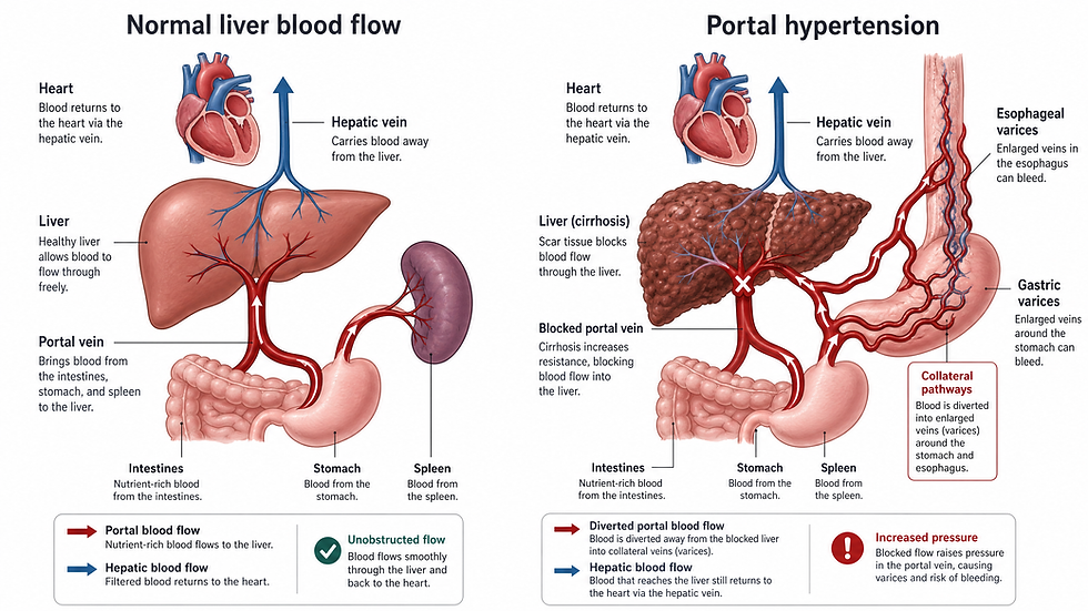 Side-by-side medical diagram comparing normal liver blood flow, where blood passes freely through a healthy liver and returns to the heart, versus portal hypertension, where scarred cirrhotic liver tissue blocks flow and blood is diverted into enlarged varicose veins around the stomach and esophagus.