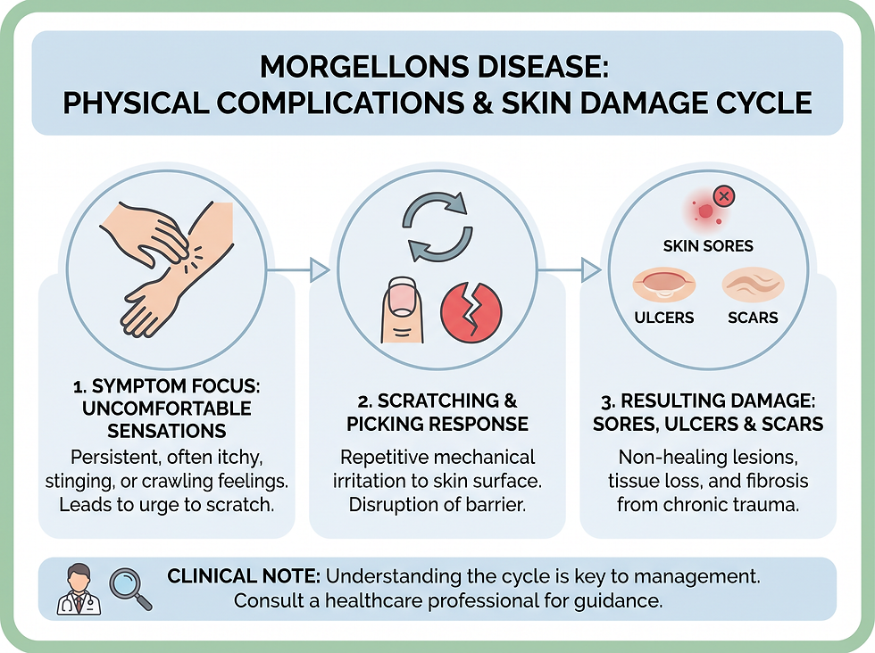 Infographic of the Morgellons skin damage cycle: uncomfortable sensations, scratching and picking, then sores, ulcers and scars