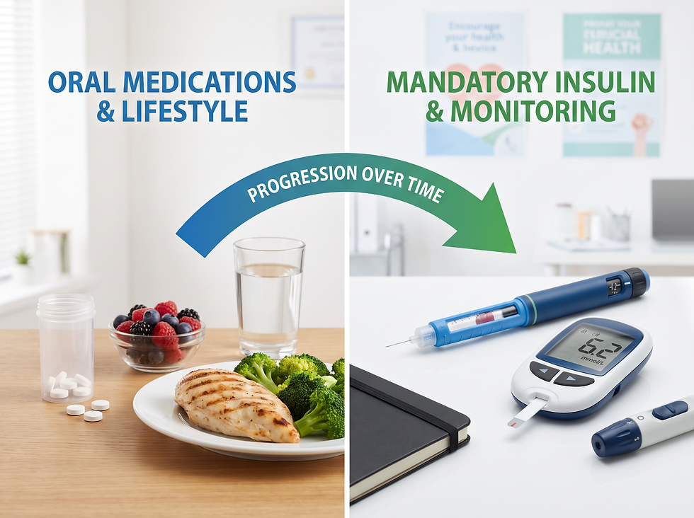 Treatment progression in LADA, showing the transition from oral medications and lifestyle management to mandatory insulin therapy.