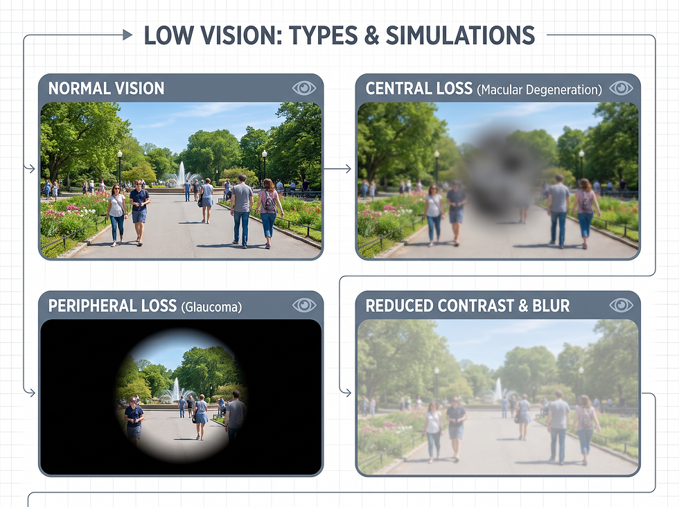 A professional medical infographic illustrating the concept of low vision, showing the difference between normal vision and various types of impairment like central blurriness, peripheral loss, and reduced contrast.