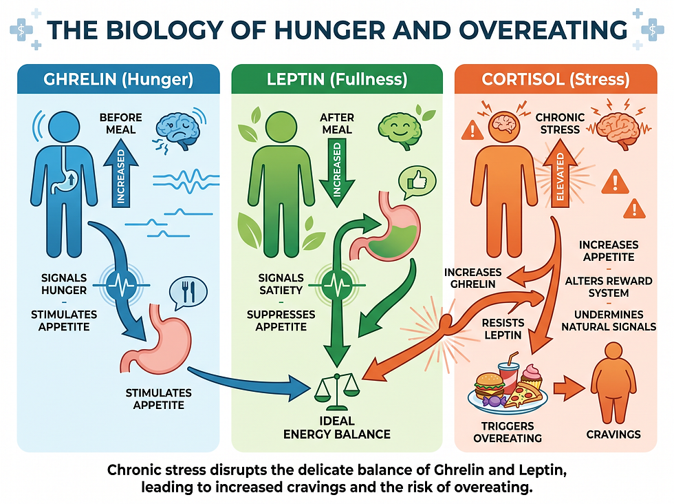 The biology of overeating: how ghrelin, leptin and cortisol regulate or disrupt hunger signals