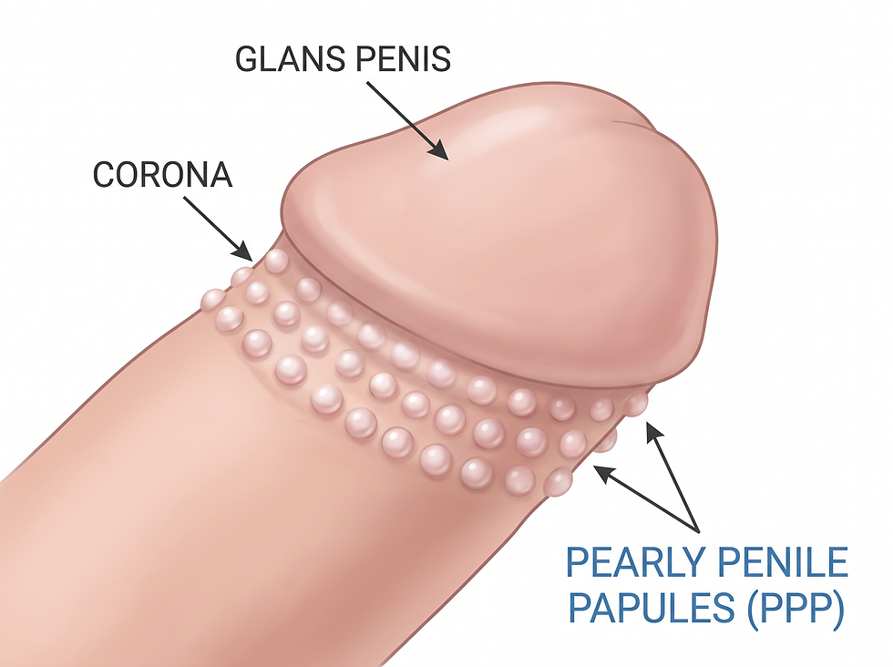 Medical illustration of the glans penis and corona with rows of small pearl-like bumps labeled pearly penile papules (PPP)