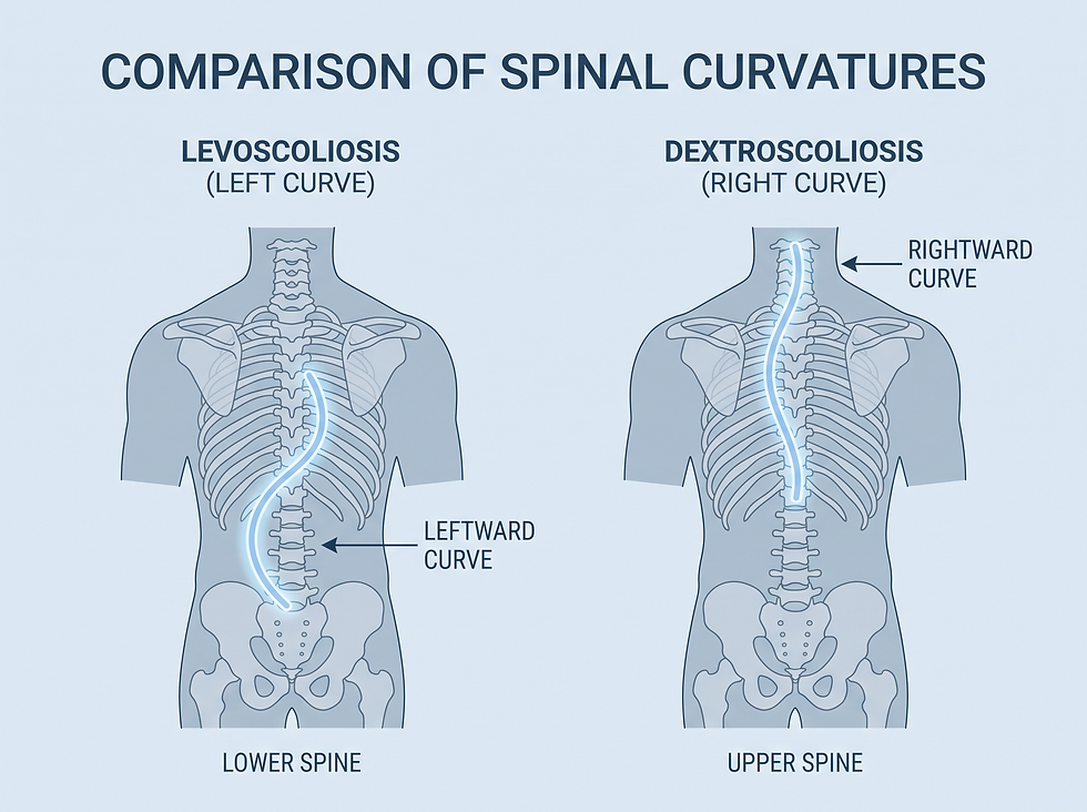 A comparison of spinal alignment showing the leftward curve of levoscoliosis and the rightward curve of dextroscoliosis.