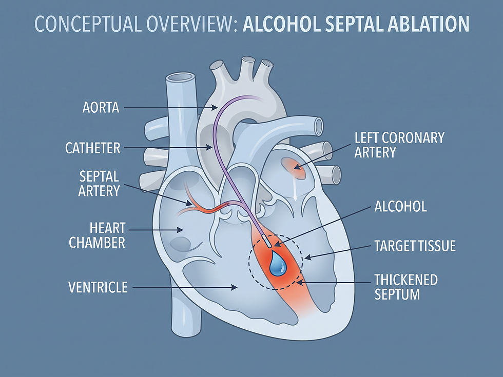 Conceptual overview of alcohol septal ablation: a catheter delivers alcohol to the septal artery to shrink thickened septum tissue