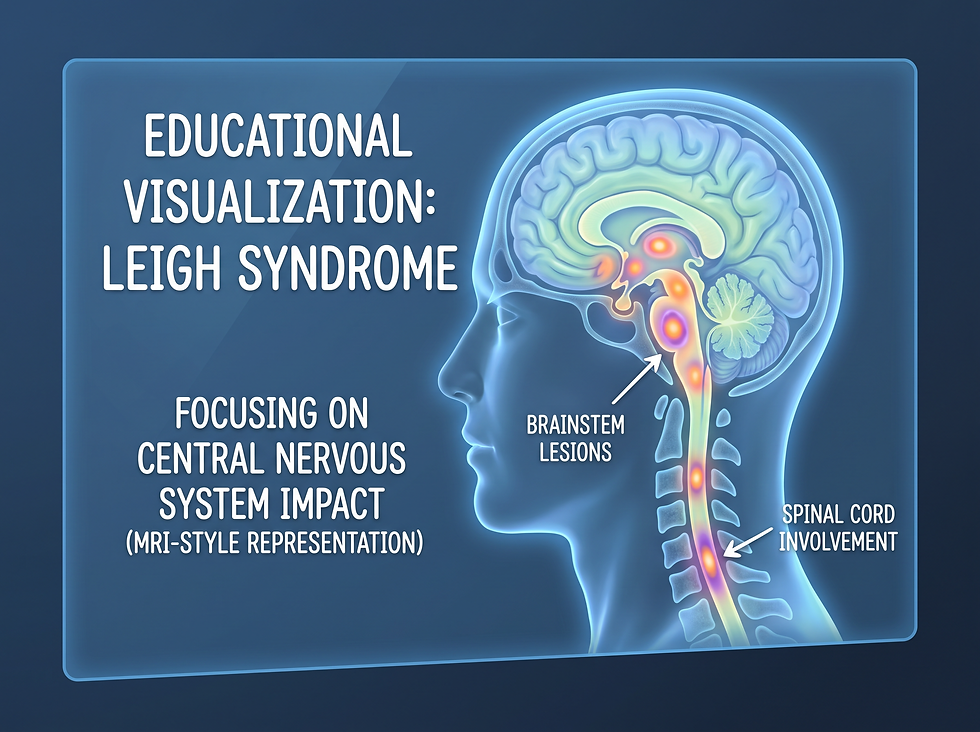 Medical visualization showing stylized brain and spinal cord lesions typical of Leigh syndrome, representing MRI-style findings