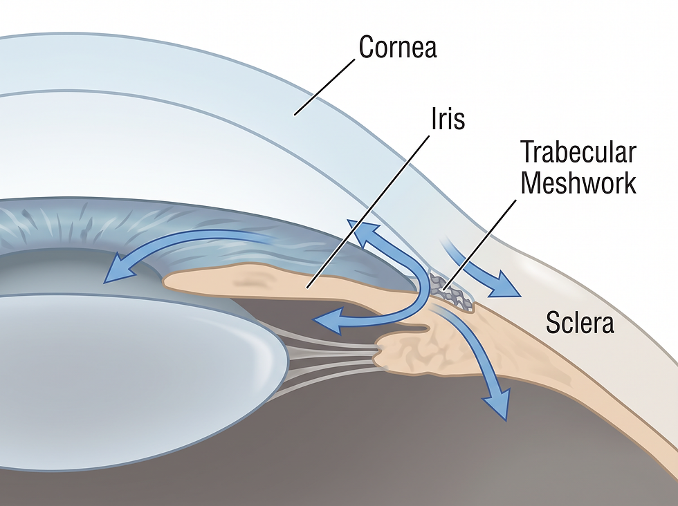 Anatomical overview of the eye's anterior chamber and the fluid drainage pathway affected by goniotomy.