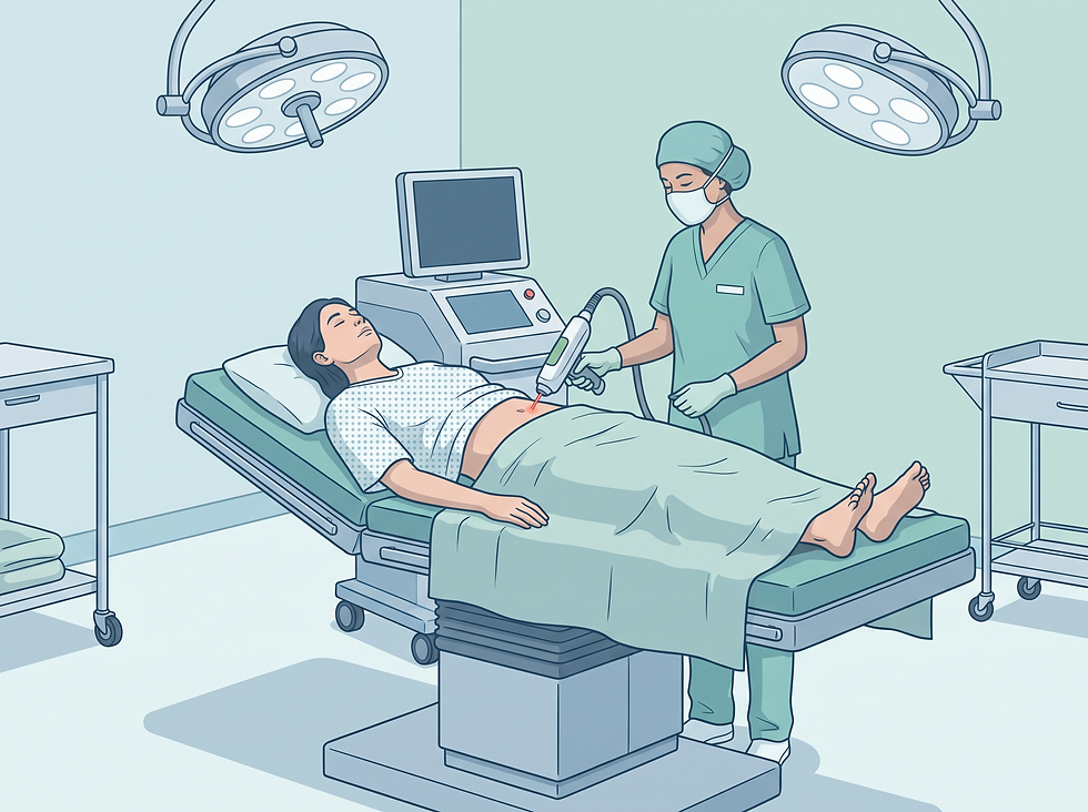 A high-quality medical illustration of a clinical setting where a professional is performing a laser lipolysis procedure on a patient.