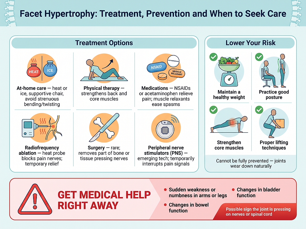 Facet hypertrophy treatment, prevention and when to seek help — six treatment options, four prevention steps, the urgent care red flags