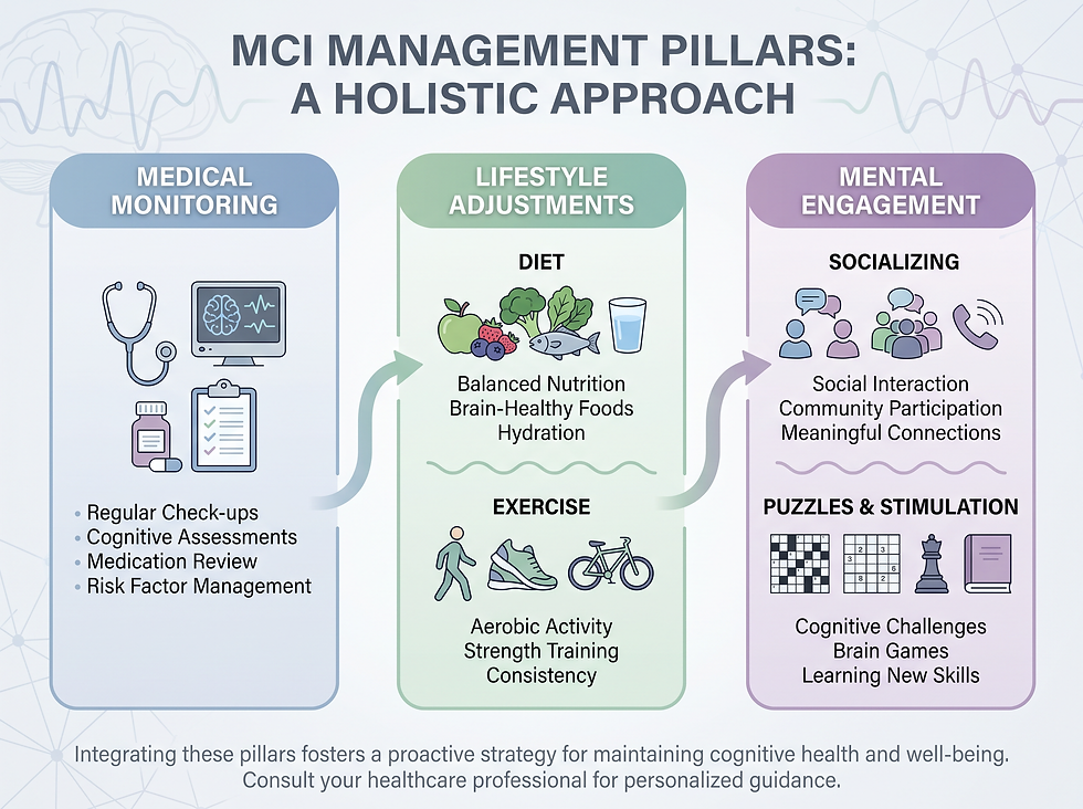 Infographic of the pillars of MCI management: medical monitoring, lifestyle adjustments, and mental engagement