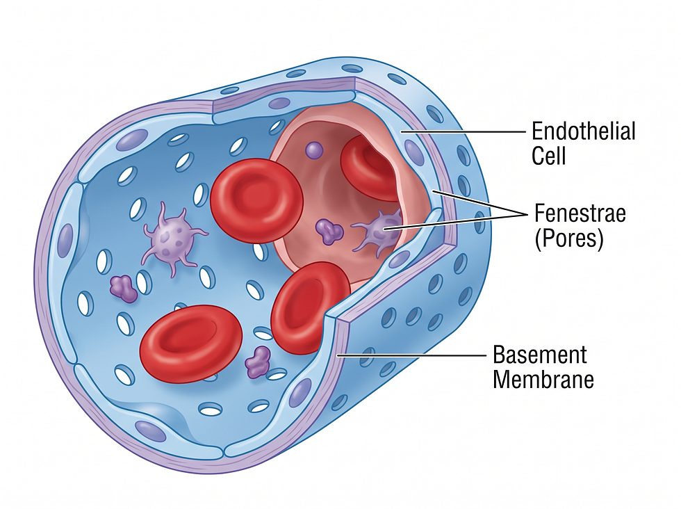 Anatomy of a fenestrated capillary: endothelial cells, fenestrae (pores), and basement membrane