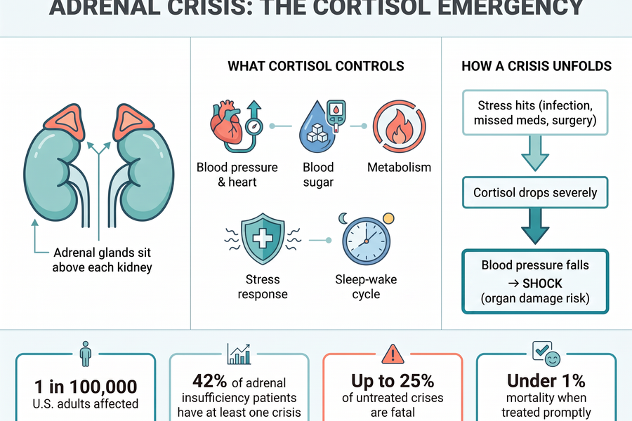 Adrenal crisis overview infographic showing adrenal glands above each kidney, five cortisol functions, the crisis pathway from stressor to shock, and key statistics on prevalence and mortality