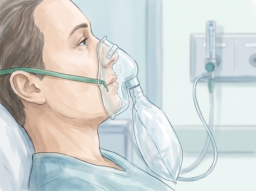 Patient wearing a non-rebreather mask connected to a wall oxygen supply in a hospital room