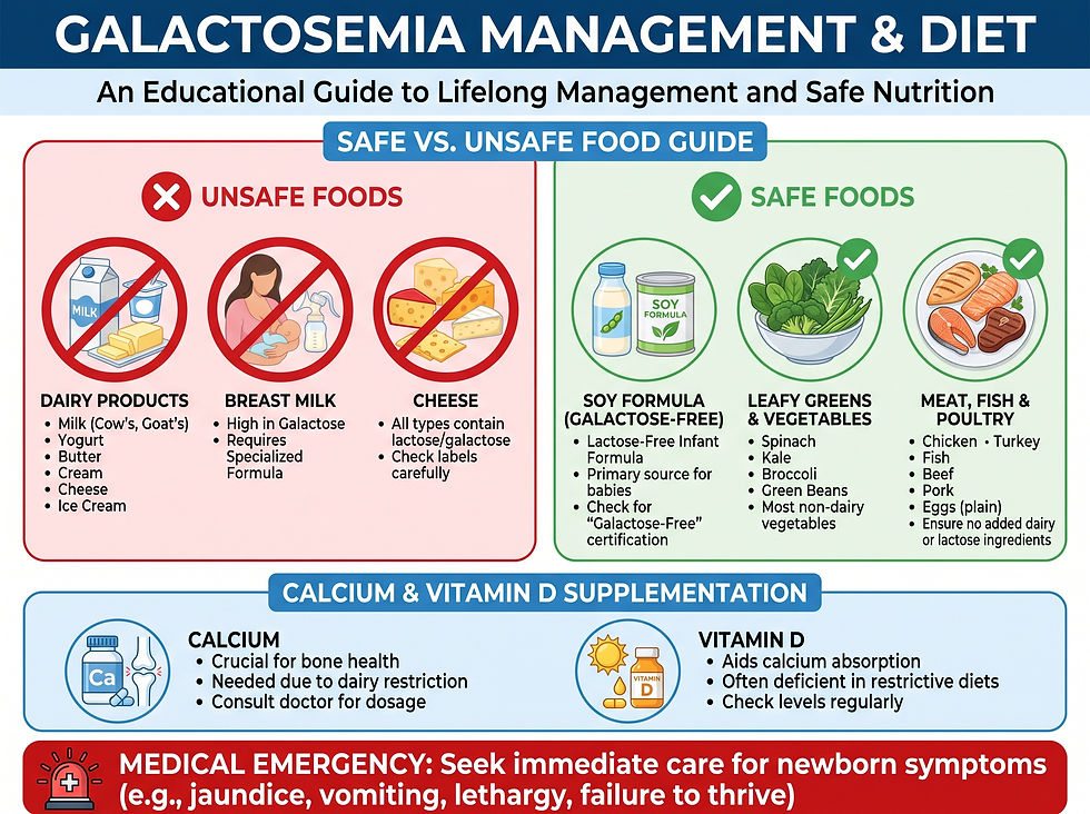 Galactosemia Diet Management: Safe vs. unsafe foods, supplement needs, and emergency warning for infants