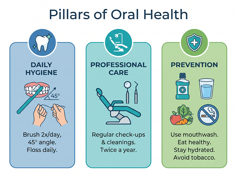 Infographic of the pillars of oral health: daily hygiene, professional care, and prevention