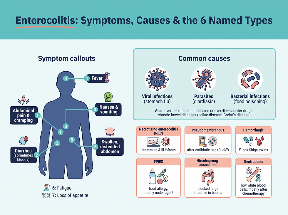 Seven symptoms of enterocolitis, the general causes (viral, parasitic, and bacterial infections), and the six specific named types with who each type affects.